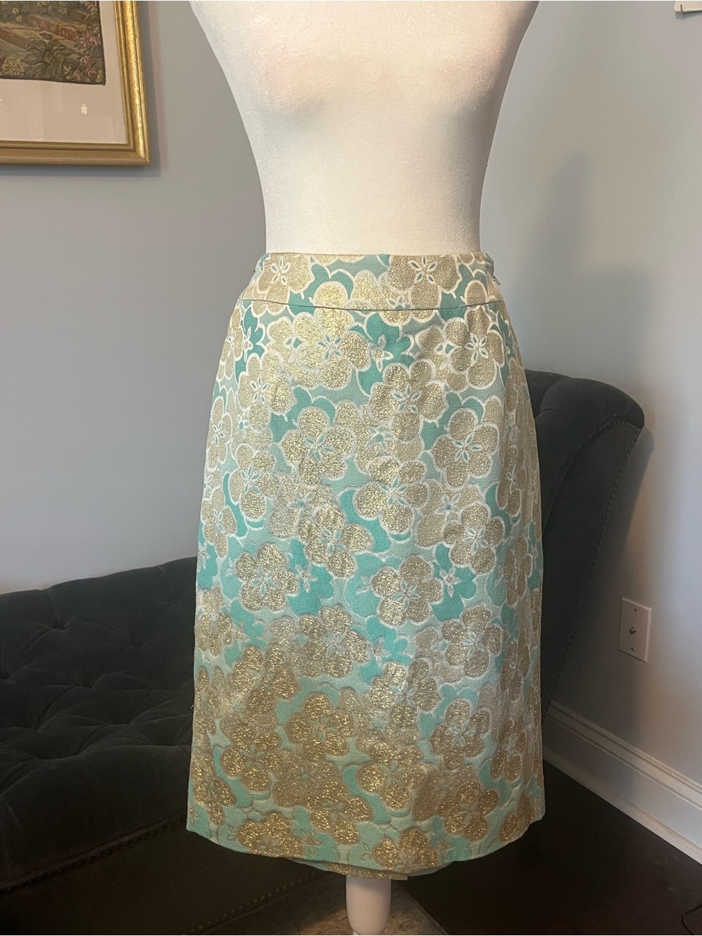 Banana Republic Aqua Green and Gold Floral Brocade Midi Skirt